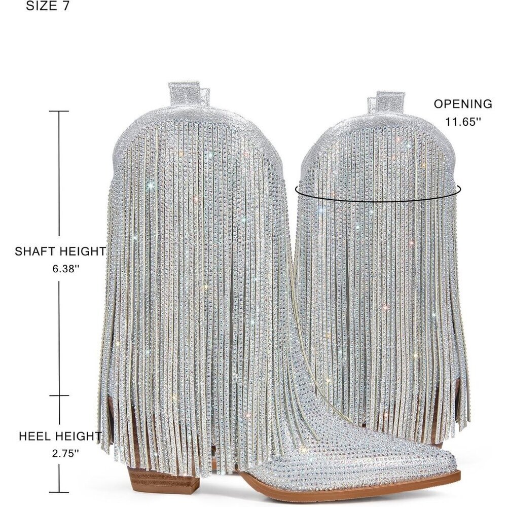Women's Silver Cowgirl Rhinestone Western Boots with Sparkly Fringe Pointed Toe - Picture 5 of 6